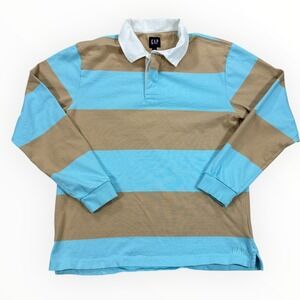 GAP Shirt Men's Medium Blue Brown Stripe Rugby Polo Long Sleeve Heavy Cotton